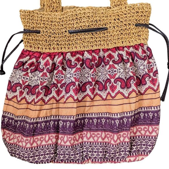 Woven Straw Boho Tote Shoulder Cinch Bag Drawstring Closure Geometric Pattern - Picture 3 of 14